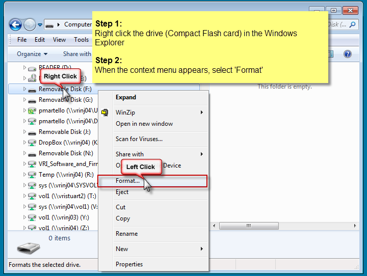 MIRO Compact Flash card format instructions